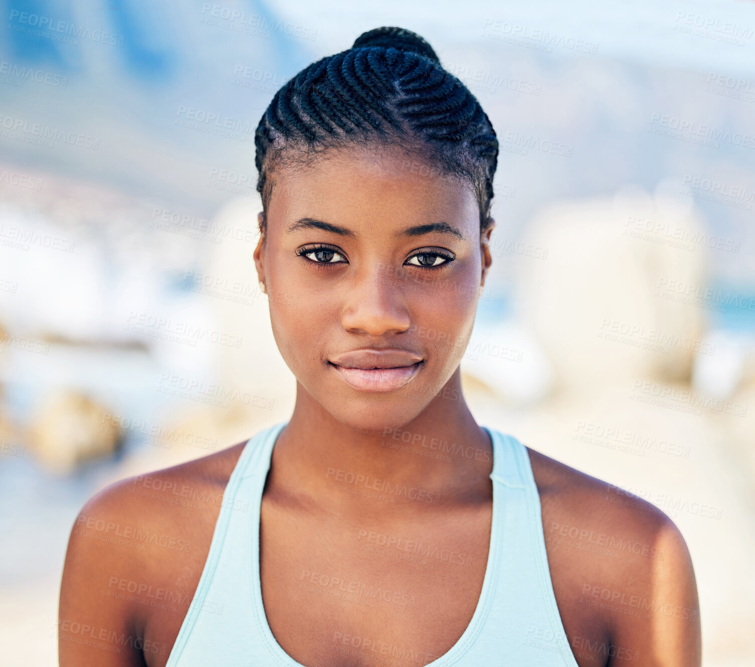 Buy stock photo Happy, black girl and portrait on beach for fitness, morning workout and routine for active wellbeing. Woman, outdoor and exercise with confidence for body cardio, wellness and training for athletics