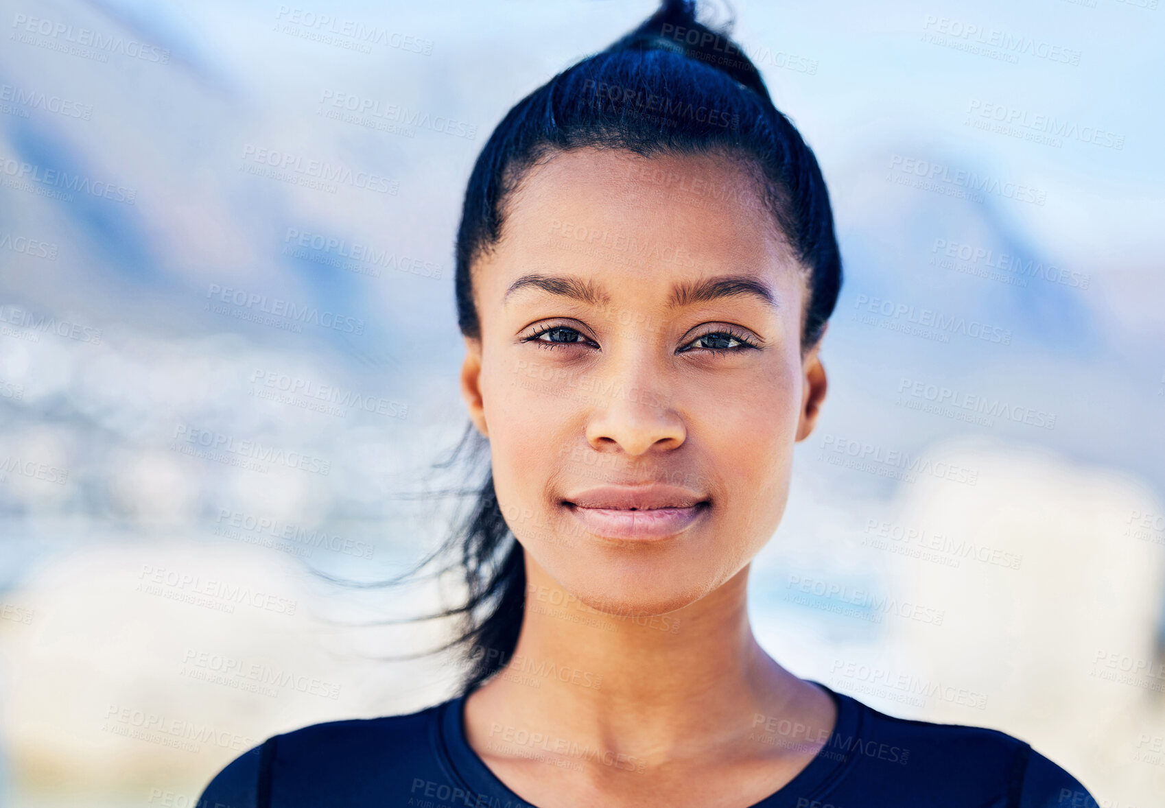 Buy stock photo Happy, black woman and portrait on beach for exercise, morning workout and routine for active wellbeing. Girl, outdoor and fitness with confidence for body cardio, wellness and training for athletics