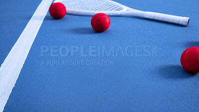 Buy stock photo Court, sport and red tennis ball with racket for fitness, training and exercise for competition or tournament. Workout, game and talent or hobby with equipment for athletics, self care or wellness