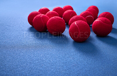 Buy stock photo Court, training and red tennis ball on ground for fitness, sport and exercise for competition or tournament. Workout, game and talent or hobby with equipment for athletics, self care or wellness