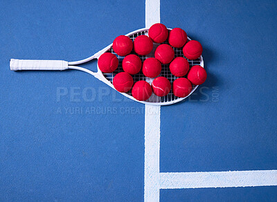 Buy stock photo Red balls, tennis court and fitness with racket for sport, training and exercise for competition or tournament. Above, workout and practice for talent or hobby with kit for athletics games for play