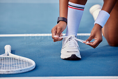 Buy stock photo Tennis, woman and racket or tie shoelace, trainers and safety precaution for game match with professional. Wellness, ready and practice in country club court for sport, exercise and fitness player