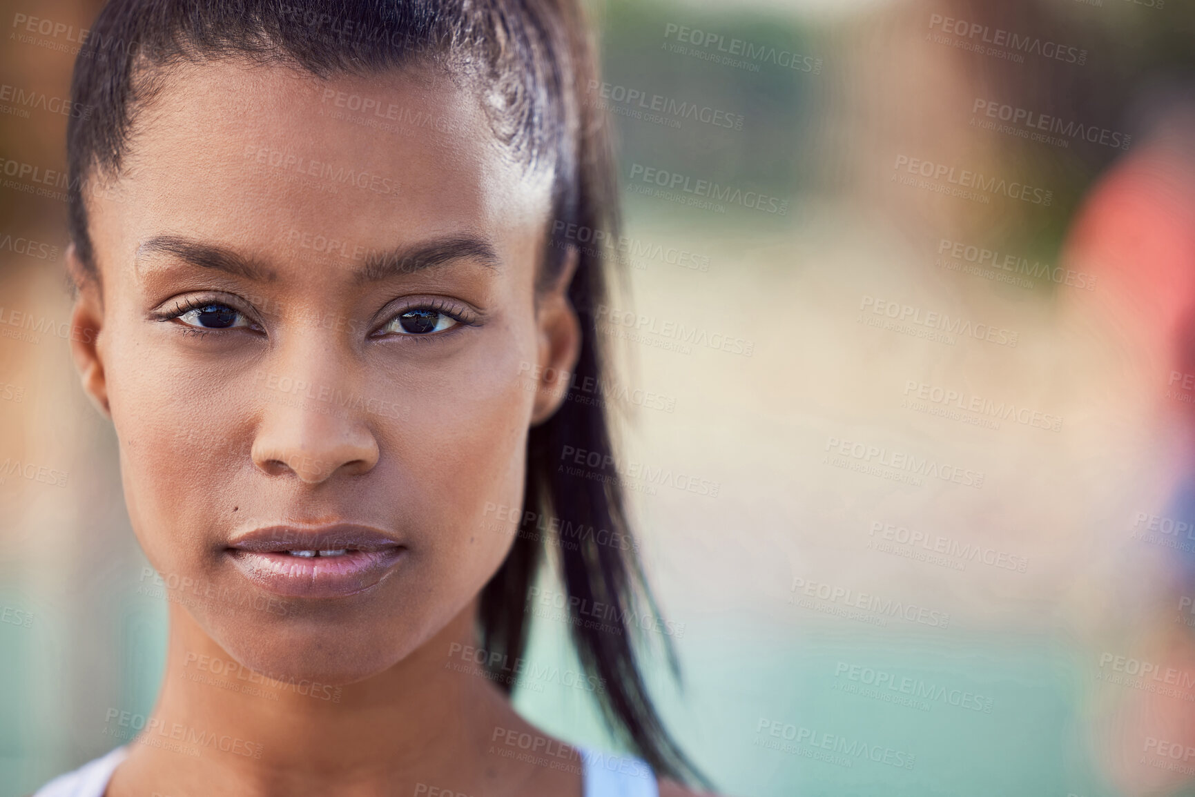 Buy stock photo Black woman, portrait and tennis in outdoor court, confident athlete and sports pride for competition. Female person, fitness and game or match at club, mockup space and ready for training practice