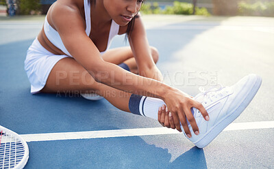 Buy stock photo Fitness, stretching and woman in sports, tennis and exercise of athlete with energy, active and court. Workout, wellness and person on ground, legs and preparing of tournament, performance and ready