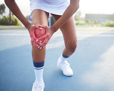 Buy stock photo Injury, woman and knee pain in tennis court for athlete discomfort and muscle strain of quick movement. Girl, red overlay and tendonitis or joint inflammation of accident, sprain and osteoporosis.