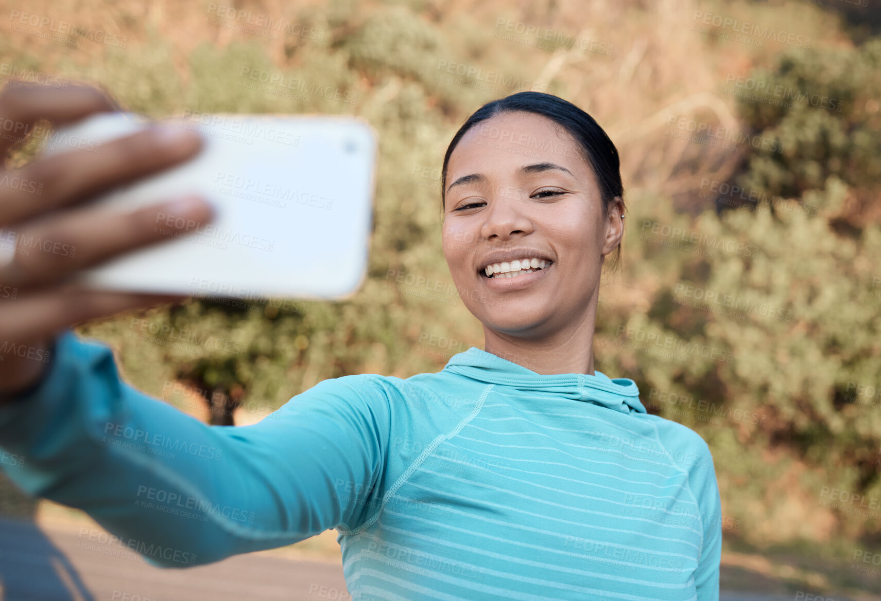 Buy stock photo Fitness, smile and selfie of woman in nature to post exercise, training or workout on social media. Sport influencer, picture or athlete outdoor for memory, photography or show body health to contact