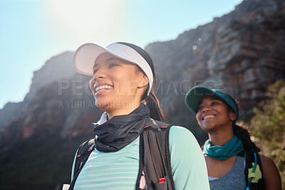 Buy stock photo Hiking, friends and women on mountain in morning with backpack for adventure, trekking and walking. Travel, fitness and people outdoors for wellness, fresh air and exercise on holiday or vacation