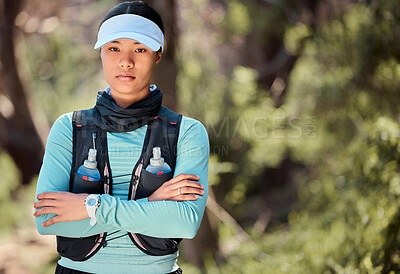 Buy stock photo Woman, portrait and arms crossed on outdoor hike, travel and ready for trekking exercise on mountain. Female person, training and nature for wellness, forest and sports challenge for workout fitness