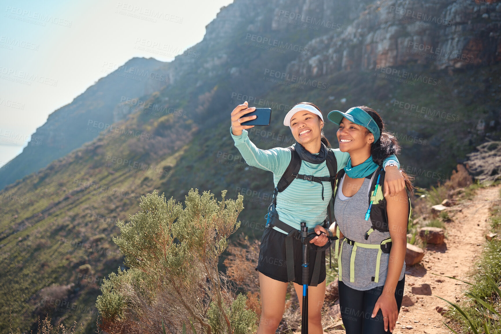 Buy stock photo Hiking, women and friends with selfie in nature for profile picture, social media post and trail progress update. Fitness, backpack team and photography on mountain for bonding, adventure and memory