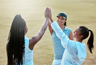 Buy stock photo Sport, women and hands together outdoor for support with game celebration, partnership or match victory. Tennis player, group and team building at practice with workout success or motivation on field