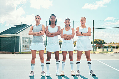 Buy stock photo Full length shot of a diverse group of women standing outside with their arms crossed during tennis practise