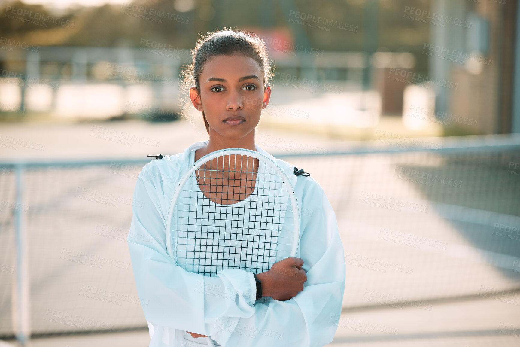 Buy stock photo Tennis, portrait and woman with racket at court for outdoor exercise, training and tournament. Serious, athlete and sports player with equipment in fitness for and competition, practice and workout