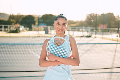 Buy stock photo Tennis court, smile and woman with racket in portrait for outdoor training, exercise and tournament. Sports, athlete and female player with equipment in fitness for competition, workout and practice