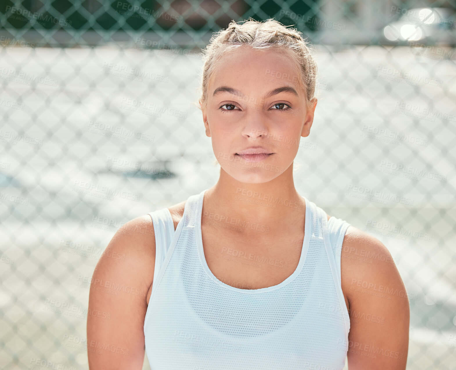 Buy stock photo Woman, portrait and outdoor at tennis court for game, training and confident for challenge in summer. Person, sports and face for exercise, workout and development at club, field or pitch in Germany