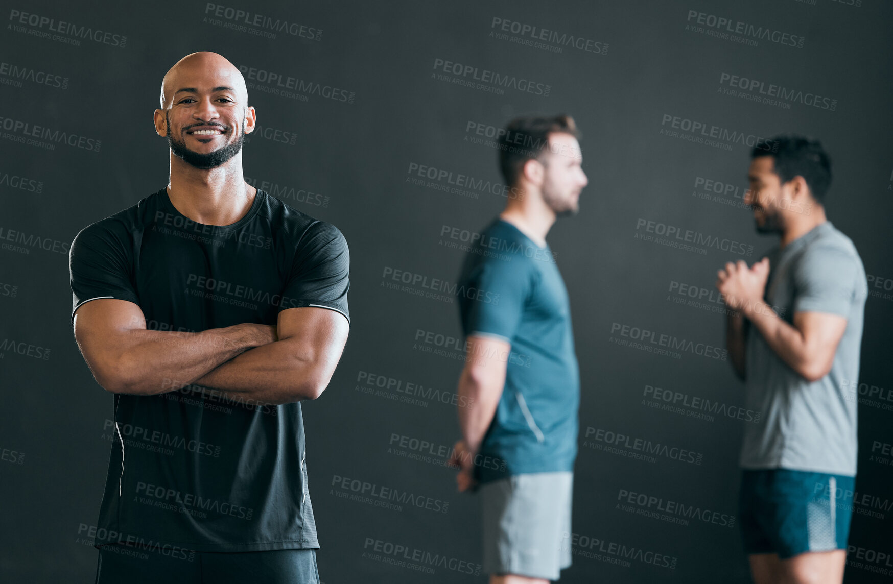 Buy stock photo Fitness, portrait and man with arms crossed in studio for exercise, support and bodybuilding. Happy, people and personal trainer with confidence on black background for workout, coaching or training