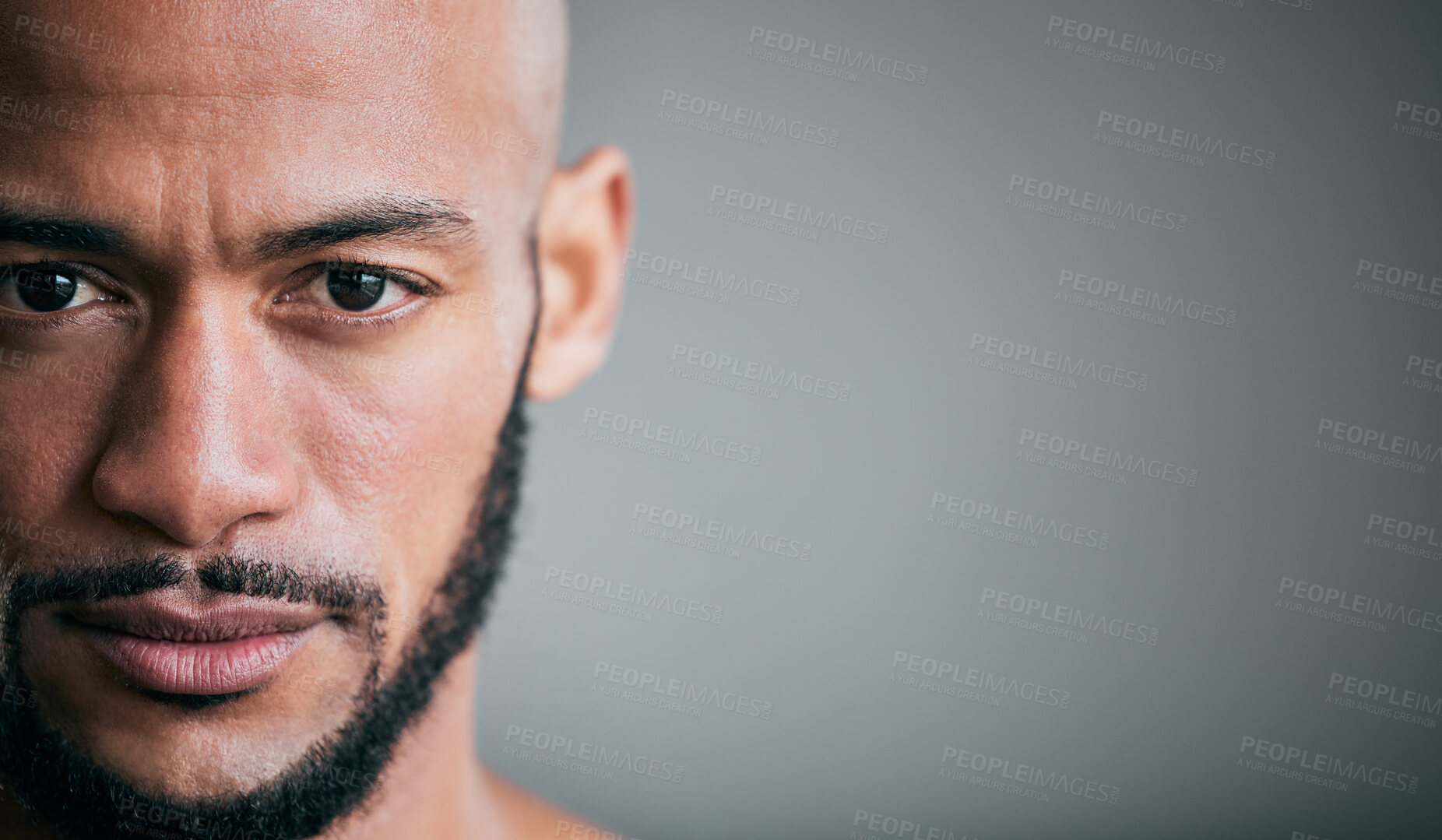 Buy stock photo Face, fitness and portrait of man on gray background for exercise, training and gym workout. Health, sports and closeup of isolated person serious for bodybuilder challenge, performance and wellness