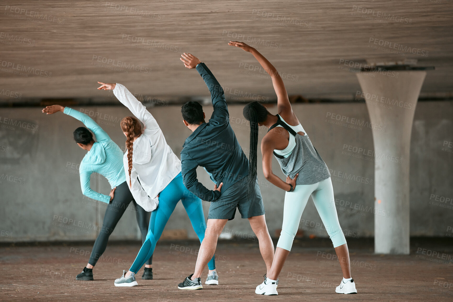 Buy stock photo Team, yoga and people stretching as a wellness club for sports, health and fitness body in an urban class together. Sport, commitment and friends training or group doing pilates  exercise or workout