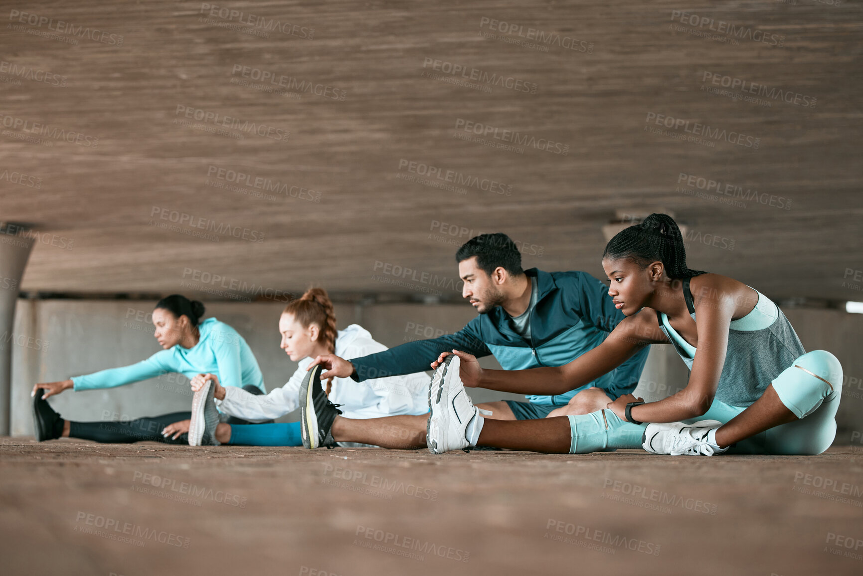 Buy stock photo Group, exercise and people stretching as a fitness club for sports, health and wellness in an urban town together. Sport, commitment and friends training or team doing pilates workout in yoga