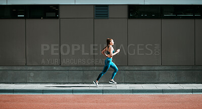 Buy stock photo Young woman, running and city sidewalk with training, exercise and fitness on urban road. Street, runner profile and female athlete with mockup and body workout for health, wellness and race outdoor