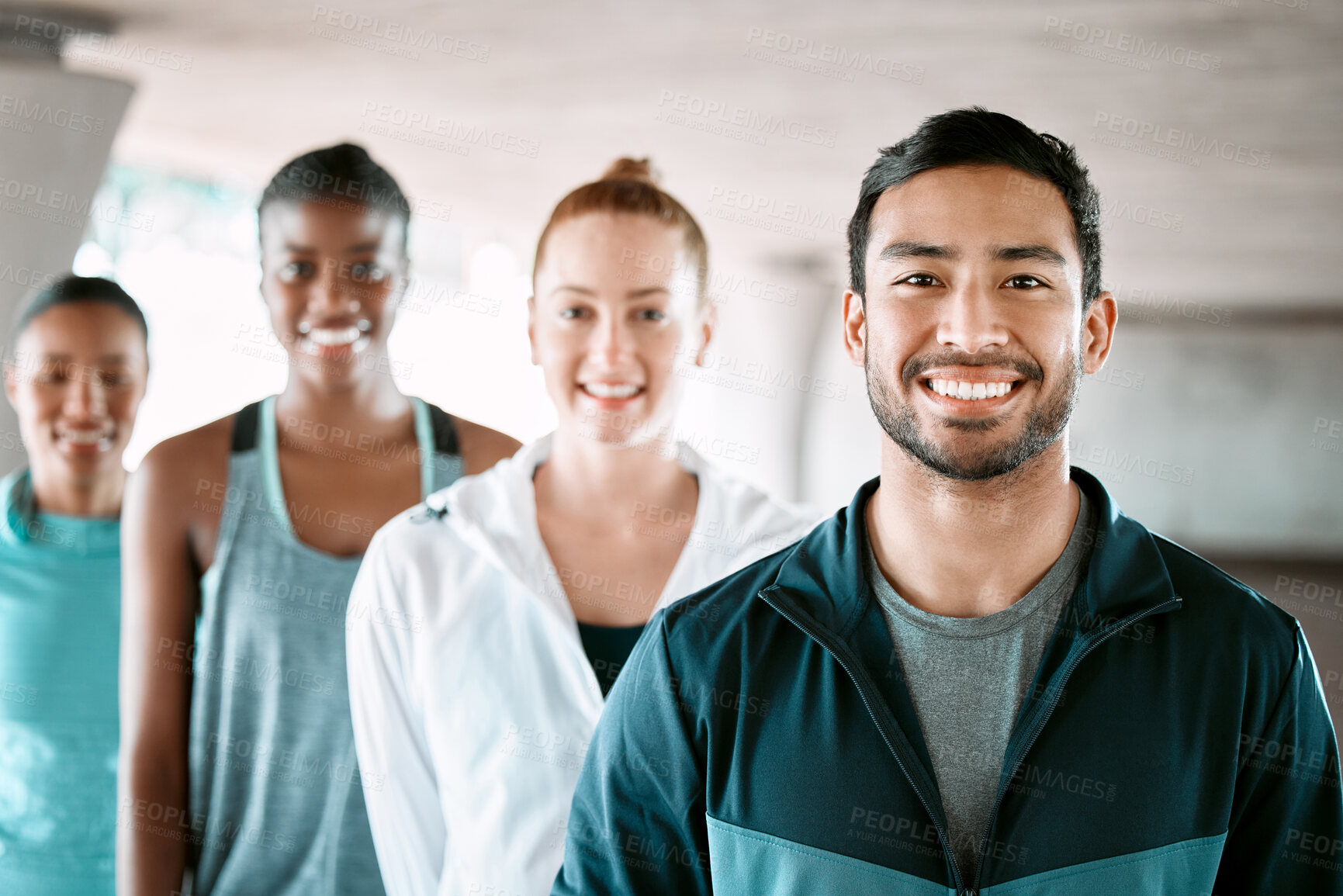 Buy stock photo Happy, sports and portrait of group of people in city for workout, wellness gym and training class. Active, fitness and team of athletes with confidence for exercise with health together in town.