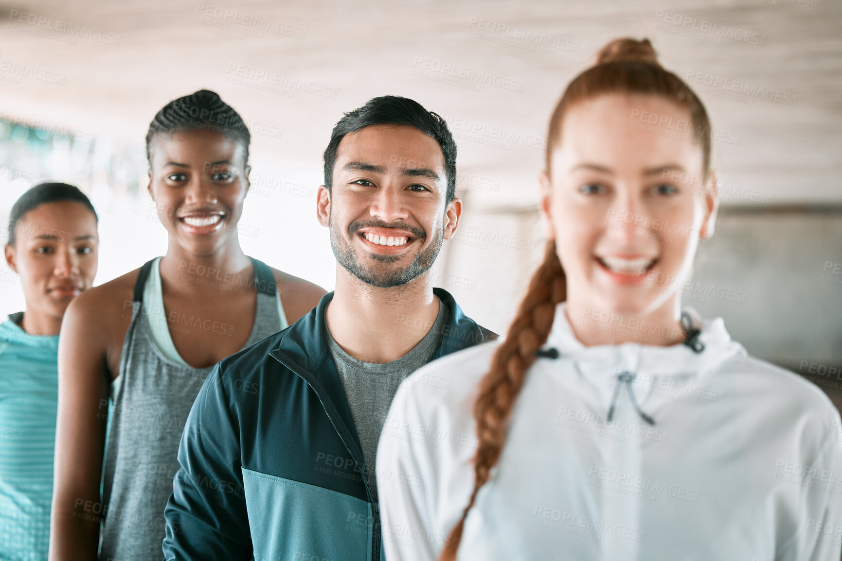 Buy stock photo Shot of a group of friends hanging out before working out together