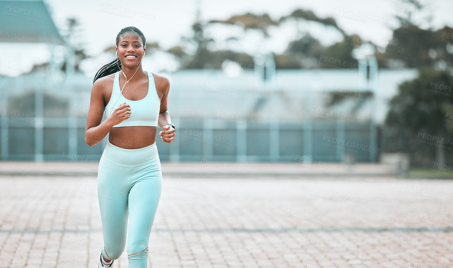 Buy stock photo Portrait, city and black woman running, workout goal and exercise for wellness, sports and training. Face, female person and runner with earphones, cardio and athlete with self care and stress relief