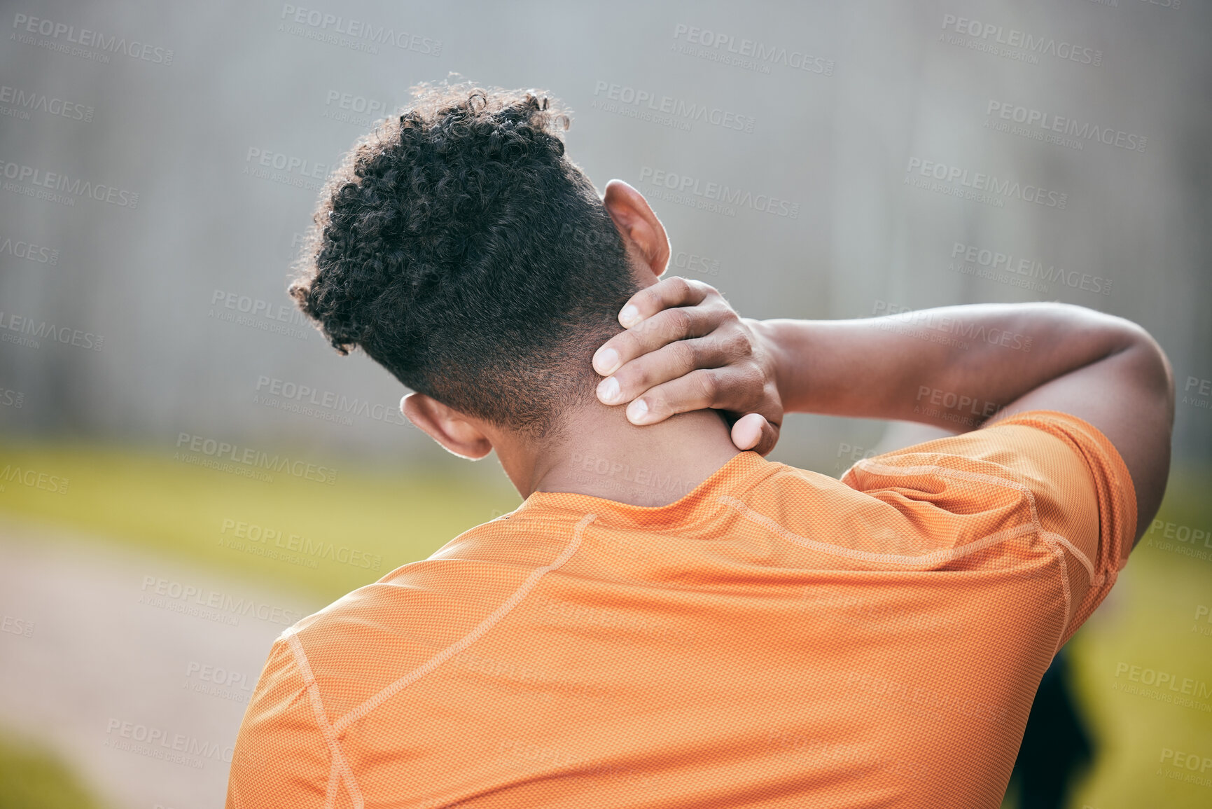 Buy stock photo Fitness, man and neck pain from injury outdoor with workout accident, muscle tension and fibromyalgia. Runner, athlete back and medical emergency with training fracture, pressure and exercise strain