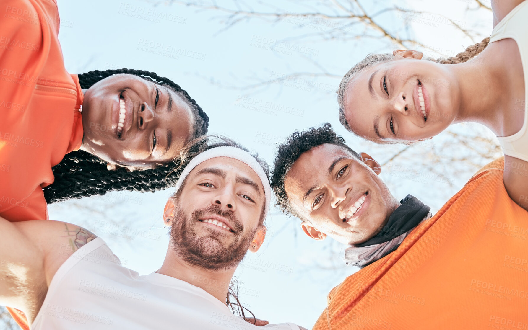 Buy stock photo Fitness, happy and portrait of people in park for training, exercise and running workout. Sports, friends and men and women for wellness, health and cardio outdoors for teamwork, goals and support