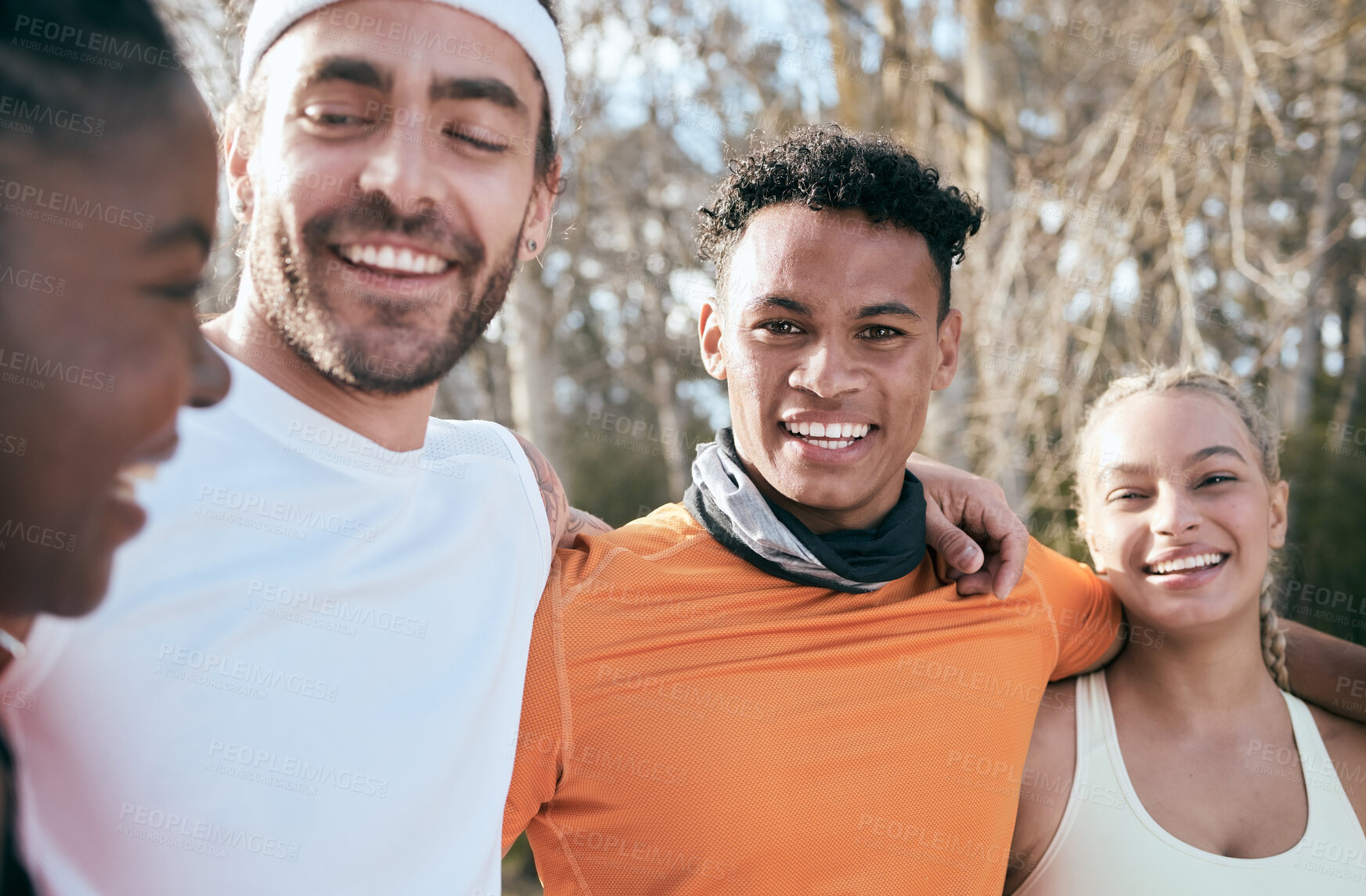 Buy stock photo Fitness, friends and portrait of people in park for training, exercise and running workout. Sports, happy and men and women for wellness, health and cardio outdoors for teamwork, goals and support