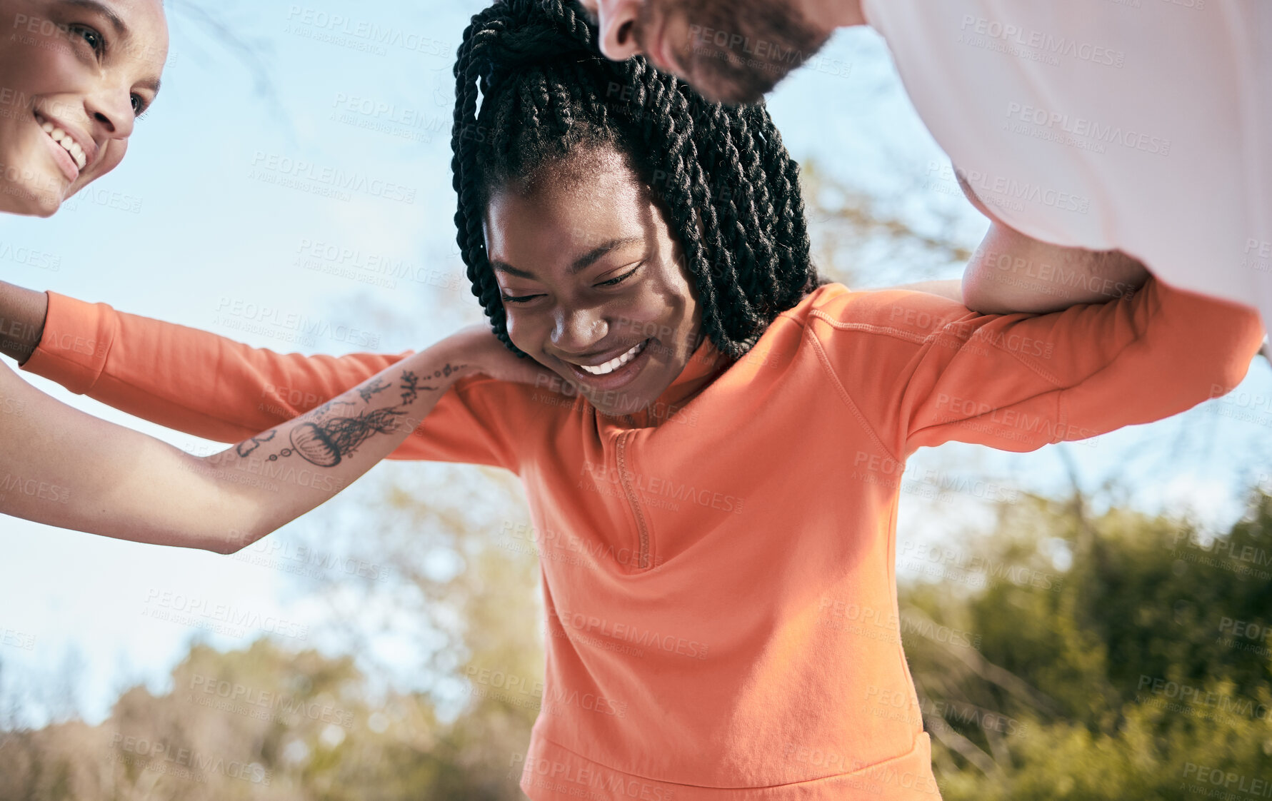 Buy stock photo Fitness, park and people huddle in circle for training, exercise and running workout. Sports, friends and happy men and women for wellness, health and cardio outdoors for teamwork, goals and support