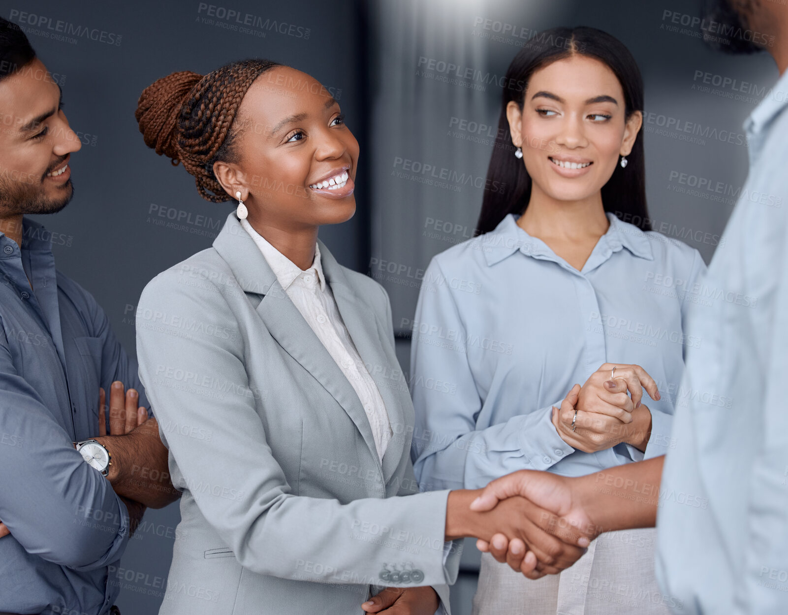 Buy stock photo Deal, handshake and meeting with business people in office together for merger or partnership. B2B, collaboration or contract with corporate man and woman shaking hands for thank you or welcome