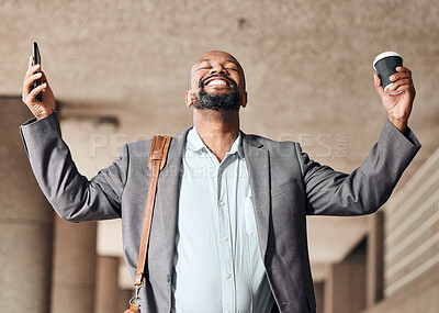 Buy stock photo Black businessman, smartphone and happy with eyes closed for success, online business deal and career milestone. Professional accomplishment, promotion and celebration for achievement and good news.