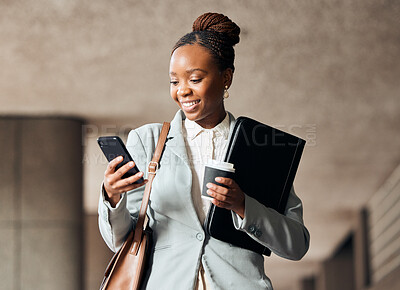 Buy stock photo Phone, coffee and businesswoman walking in the city with a document folder for the office. Cellphone, success and professional African female employee with a latte commuting to work in an urban town.