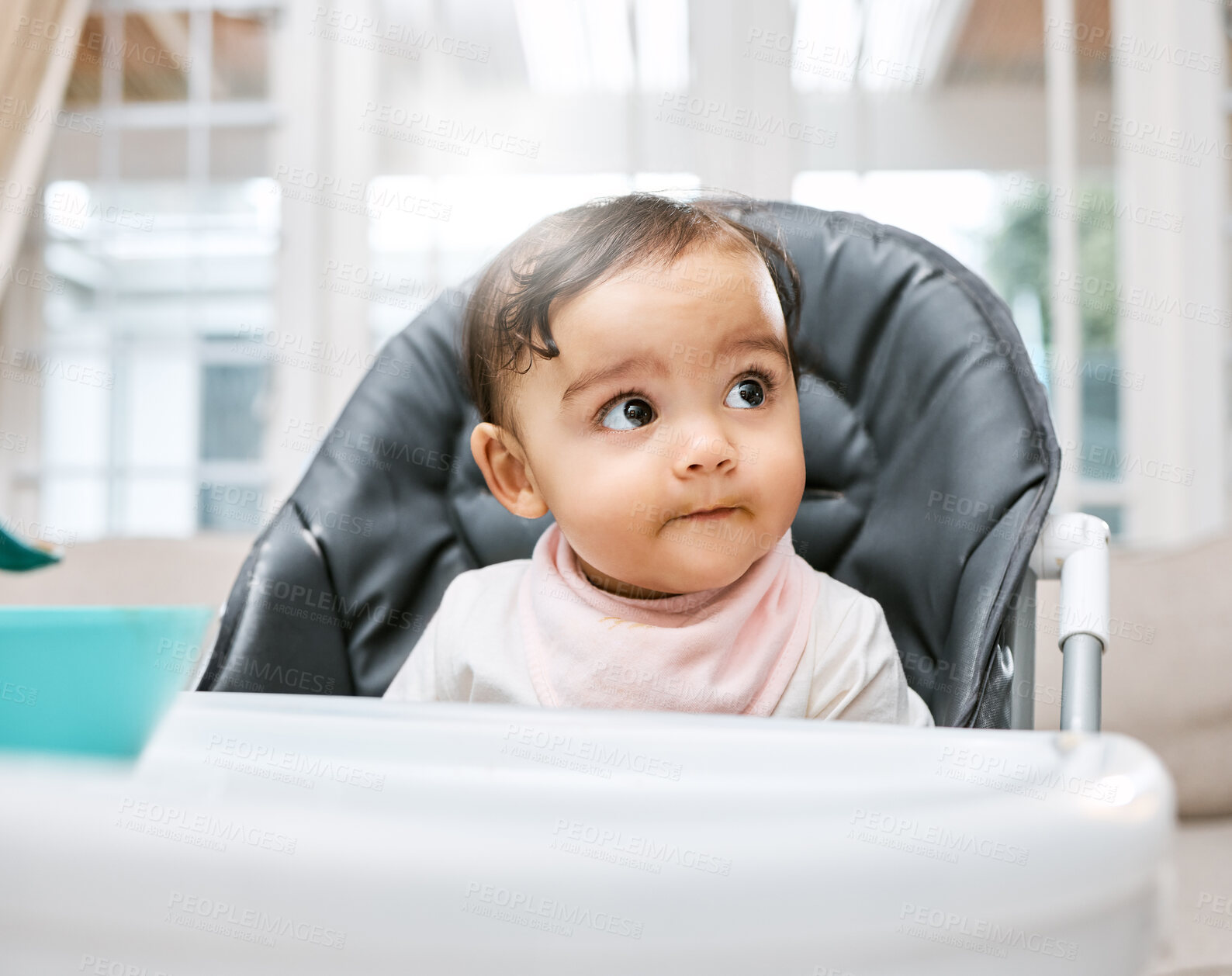 Buy stock photo Baby, waiting and girl with feeding chair for nutrition, child growth and home kitchen. Youth, hungry and kid ready in morning, children high seat and house for food, meal and future development