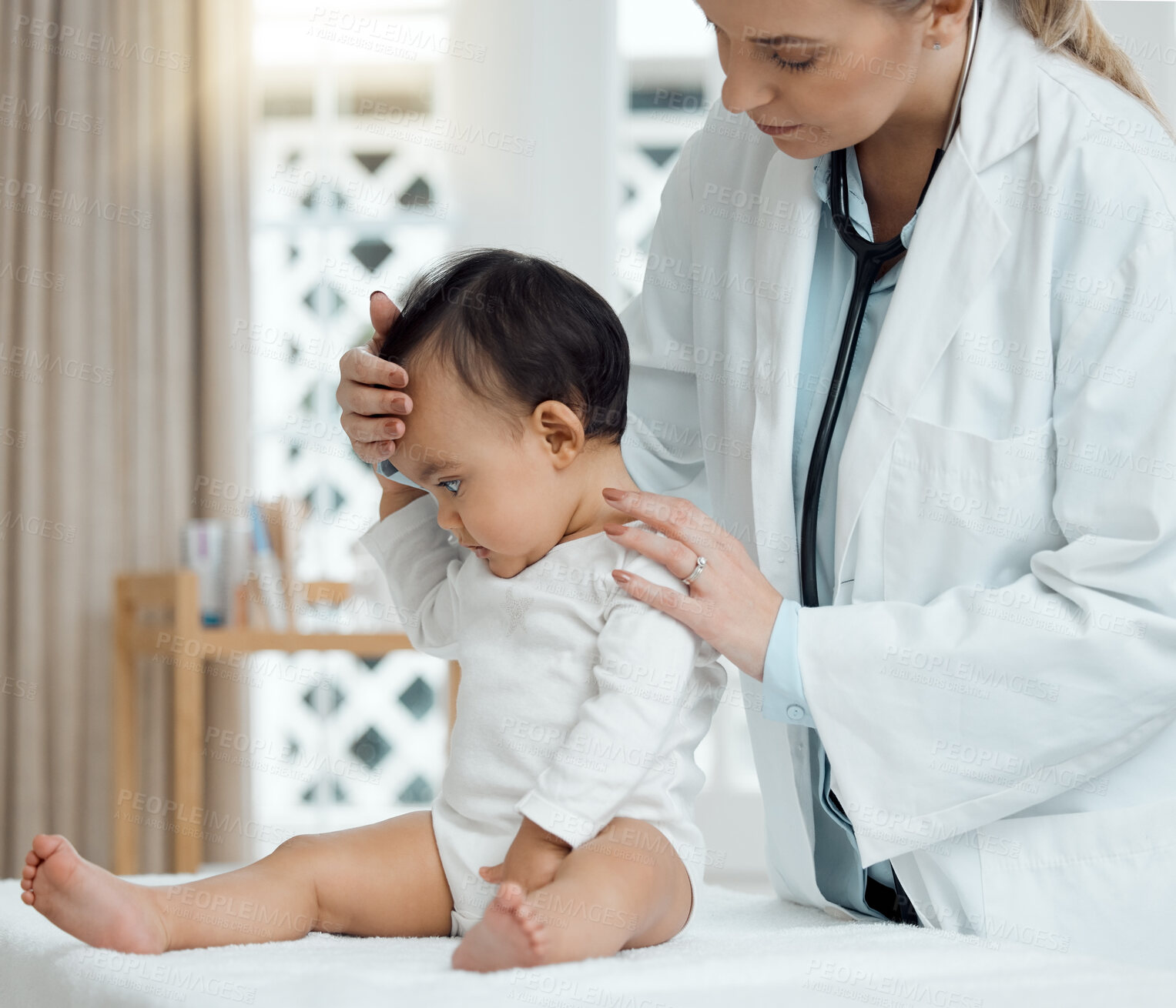Buy stock photo Pediatrician, doctor and baby with consultation, sick and appointment for wellness, medicare and fever. Professional, infant and kid in office, healthcare and progress with examination and virus