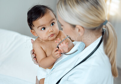 Buy stock photo Pediatrician, doctor and baby with consultation, appointment and wellness with medicare, kid and smile. Professional, infant and newborn in office, healthcare and progress with examination and child