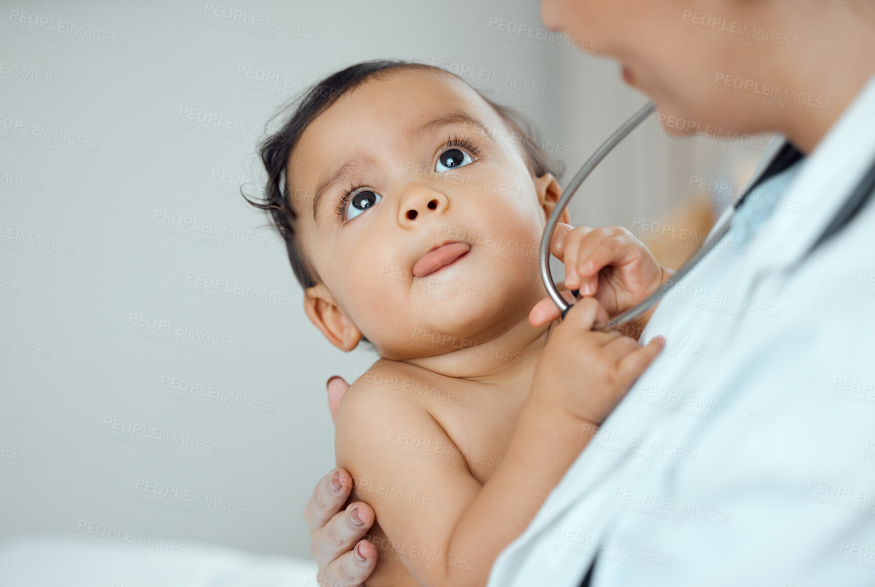 Buy stock photo Pediatrician, consultation and baby in hospital for healthcare, development and support for growth. Doctor or woman, child and talking or discussion in clinic for wellness, exam and trust for expert