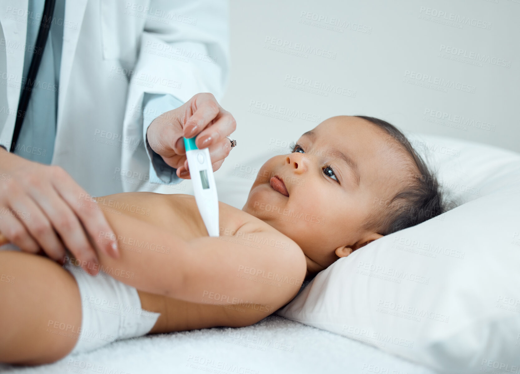 Buy stock photo Doctor, hands and baby with thermometer for checkup, exam and test for healthcare on bed in clinic. Woman or pediatrician, fever and infant or newborn for medical consultation and results in hospital