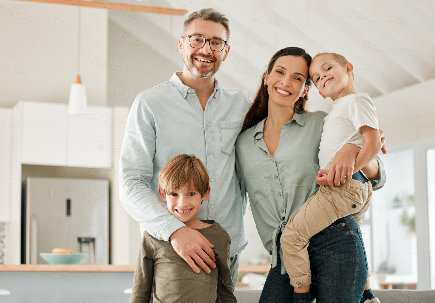 Buy stock photo Family portrait, kids and hug in home for bonding, peace and connection to boys in kitchen. Parents, children and embrace for security or care in childhood, relationship and comfortable or support