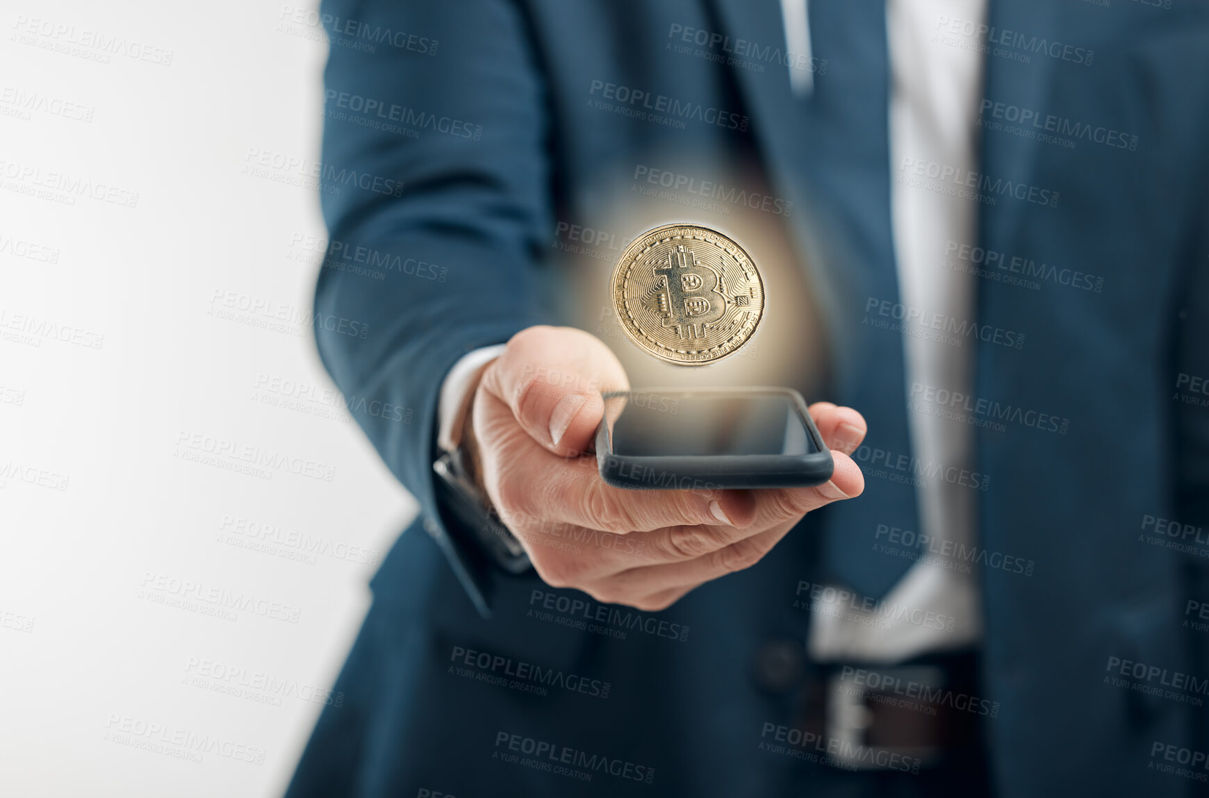 Buy stock photo Hands, business and man with smartphone, coin and trading on white studio background. Closeup, person and model with cellphone, hologram and investment with savings, financial growth and increase