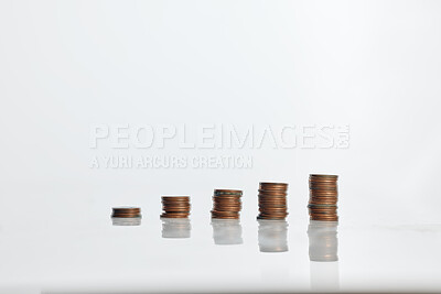 Buy stock photo Coin, stack and money as savings for finance, inflation and investment with growth on white background. Cash, economy and budget for profit, increase and mockup space with payment or interest rate