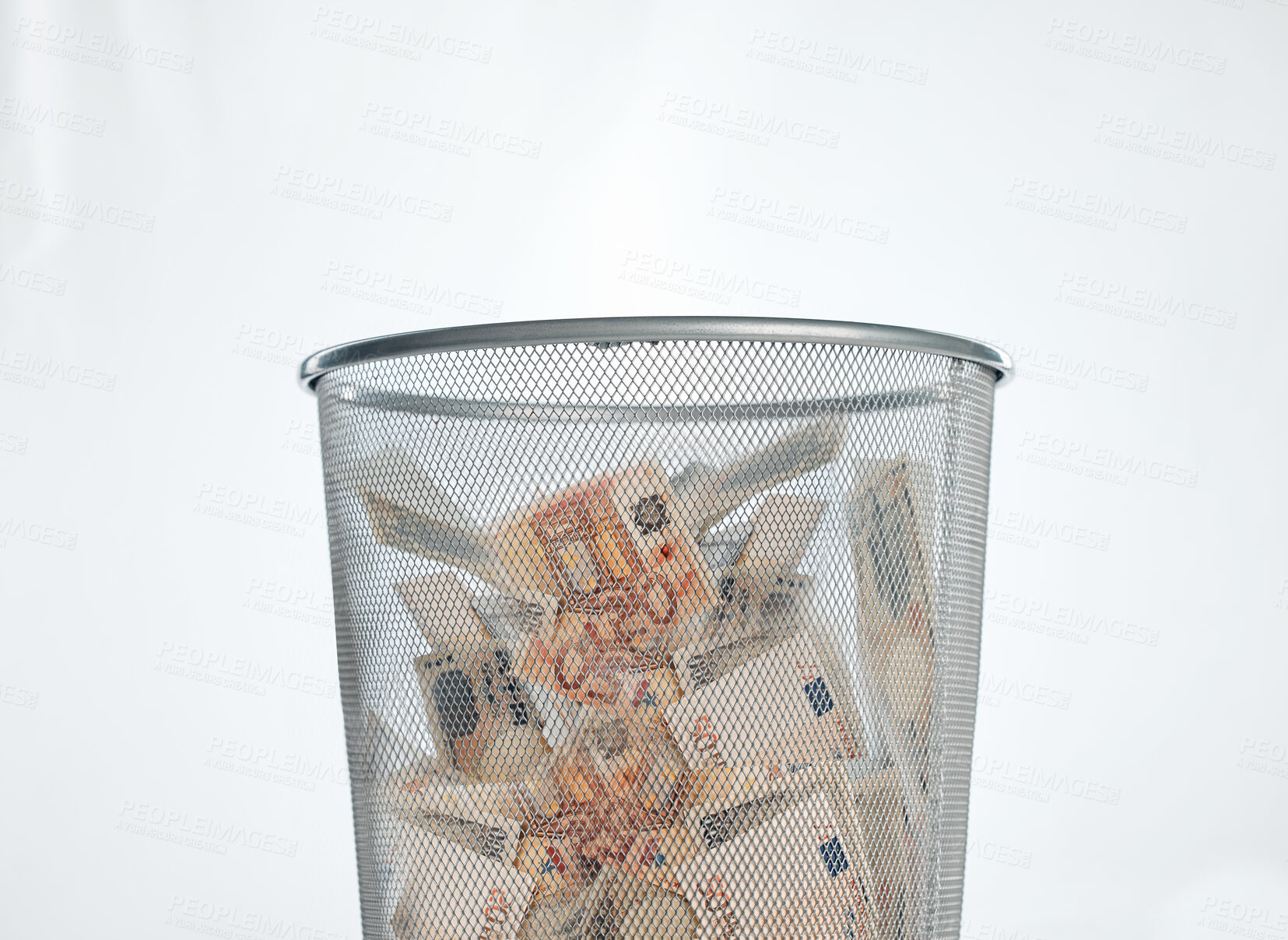 Buy stock photo Cash, euro and waste basket of paper currency from crime, fraud and money laundering in studio. Garbage, bin and financial bankruptcy and debt from bad investment and inflation with fake notes scam