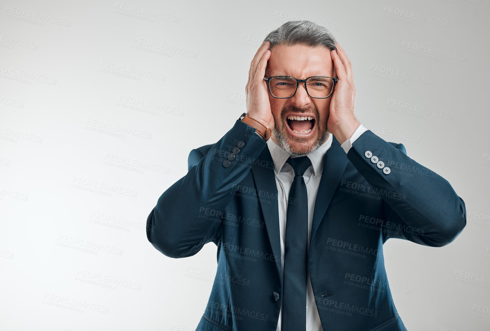 Buy stock photo Businessman, screaming portrait and stress or frustrated for crisis, mistake and annoyed in studio. Trader, shouting and angry for stock exchange crash, financial problem and fear by white background