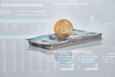 Buy stock photo Stock market, money and coin with overlay for trading, investment and cryptocurrency for profit with fintech. Futuristic, finance and cash for value growth, statistics and graphs for data analysis