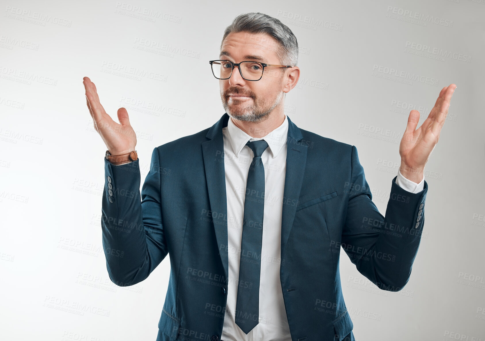 Buy stock photo Businessman, portrait and confused in studio for choice with questions, dont know and uncertain for why. Male entrepreneur, shrug and doubt for decision, palm scale and option by white background