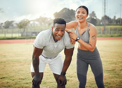 Buy stock photo Cropped portrait of an athletic young couple standing together outside during their workout