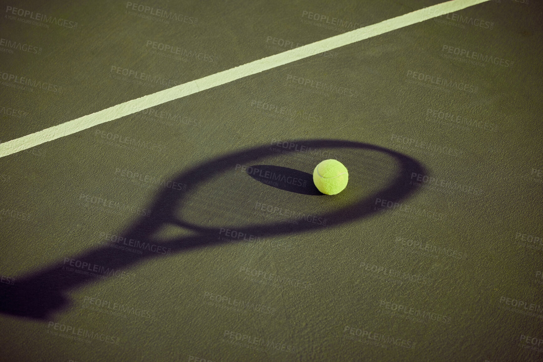 Buy stock photo Racket shadow, tennis or ball on turf court outdoor for game, competition or texture pattern. Above, sport and empty ground with equipment on background for contest, exercise or training at stadium