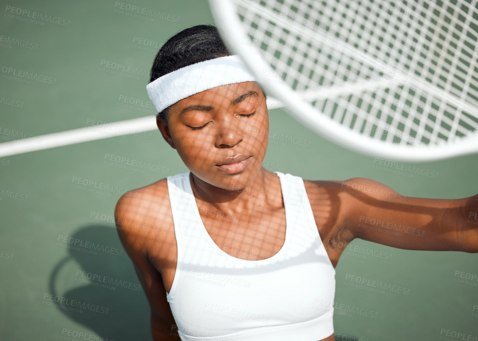 Buy stock photo Black woman, relax and racket for tennis on court with sunshine protection, training and sports workout. African, female athlete, uv security and vitamin d of natural heat for exercise of competition