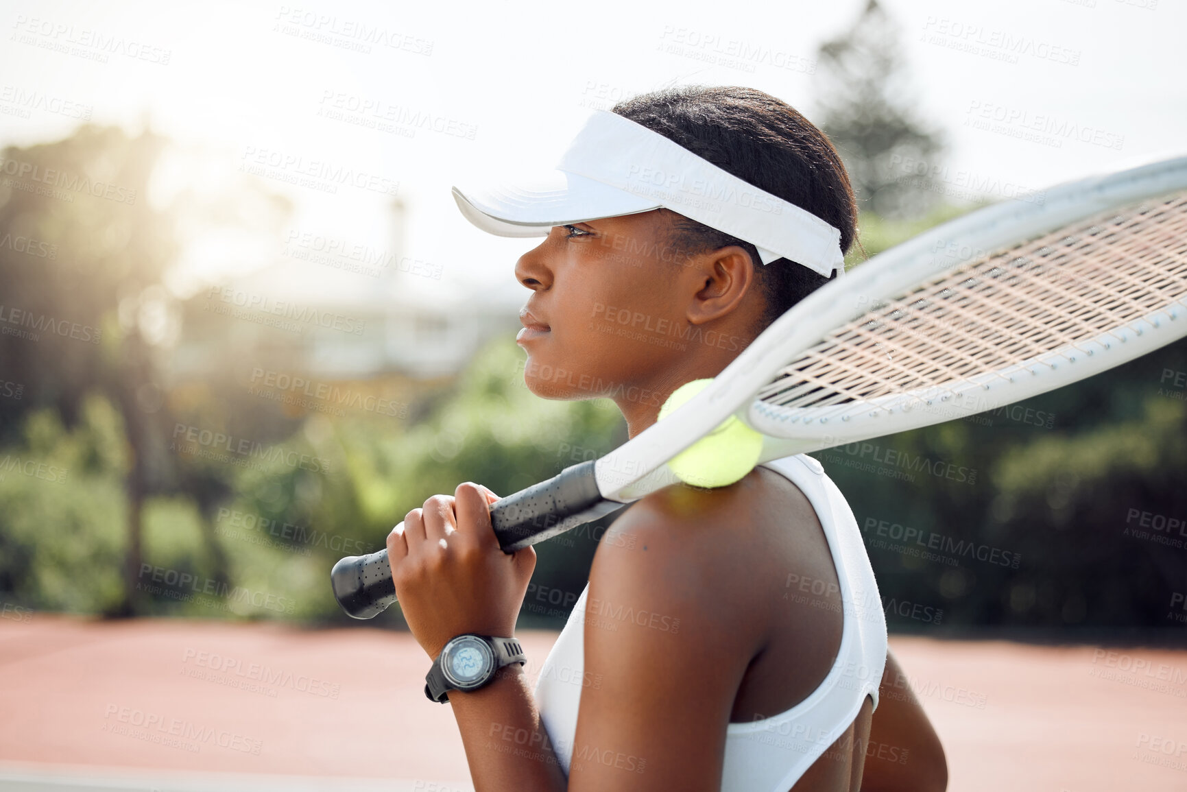 Buy stock photo Woman, sports and fitness on court for tennis, exercise and playing game with racket, ball or mindset. Athlete, player and ready for workout, training and competition with determination or resilience