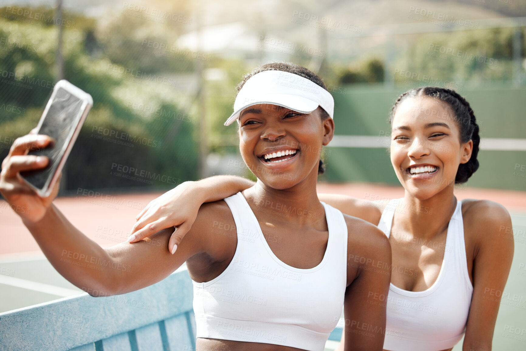 Buy stock photo Happy, women and people with selfie on tennis court for memory, social media post and personal blog together. Outdoor, friends and live streaming for match or game, content creation and photography.